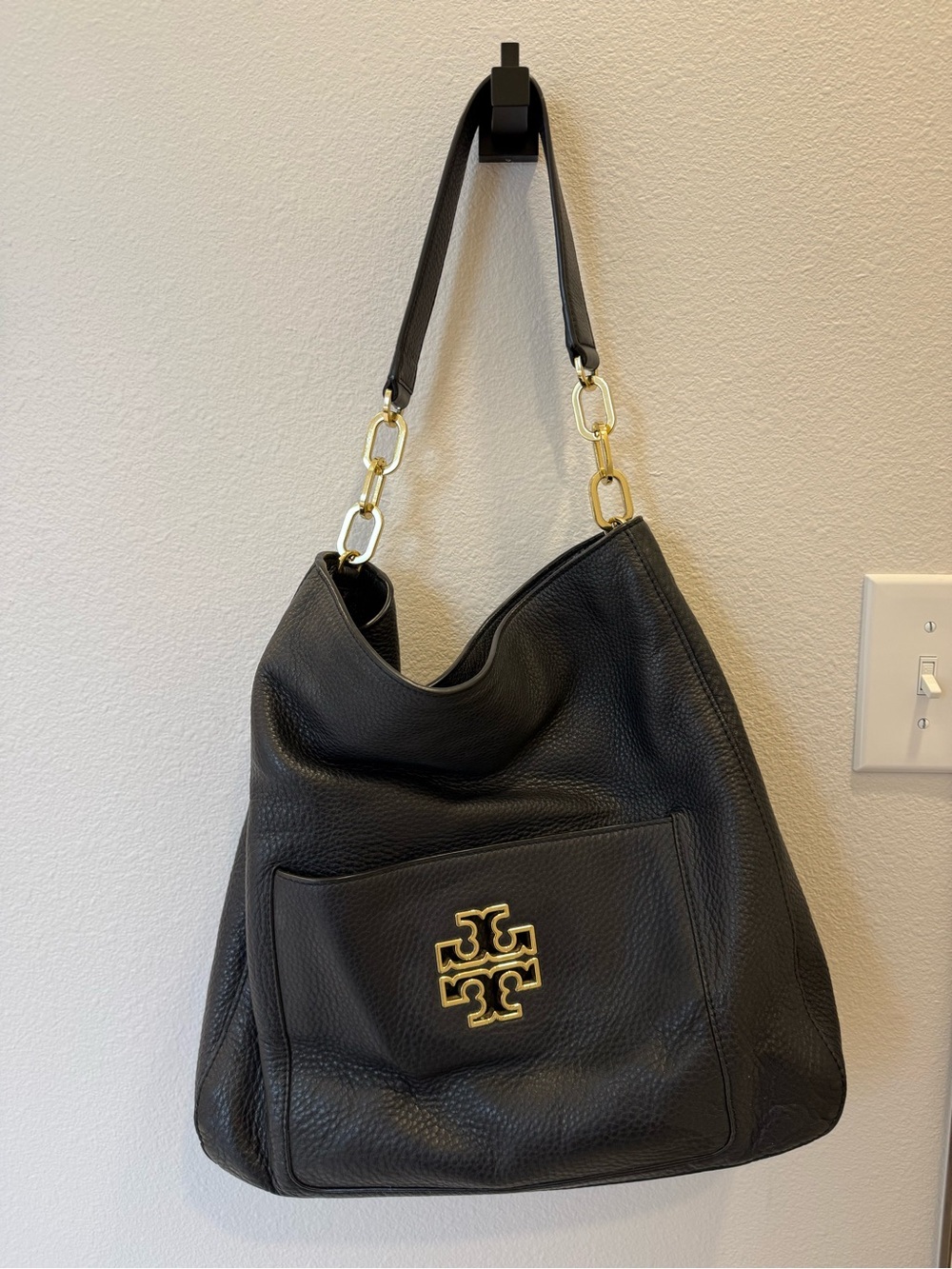 Tory Burch Black Pebbled Leather Shoulder Hobo with Gold Logo